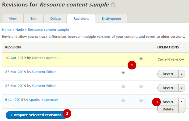 Screenshot of revisions tab in the AdminUI backend (with numbered highlights)