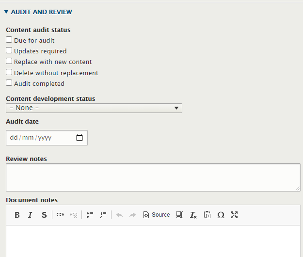 Screenshot of audit and review settings